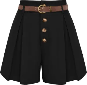 Belle Poque Womens Shorts Dressy Casual High Waisted Summer Pleated Wide Leg Shorts with Pockets and Belt