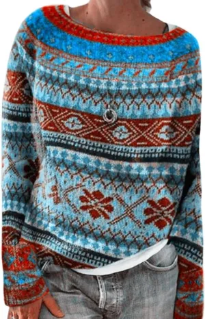 Bengbobar Fair Isle Sweater Womens Pullover Argyle Vintage Winter Fall Casual Boho Knit Tops Crewneck Long Sleeve Blouse