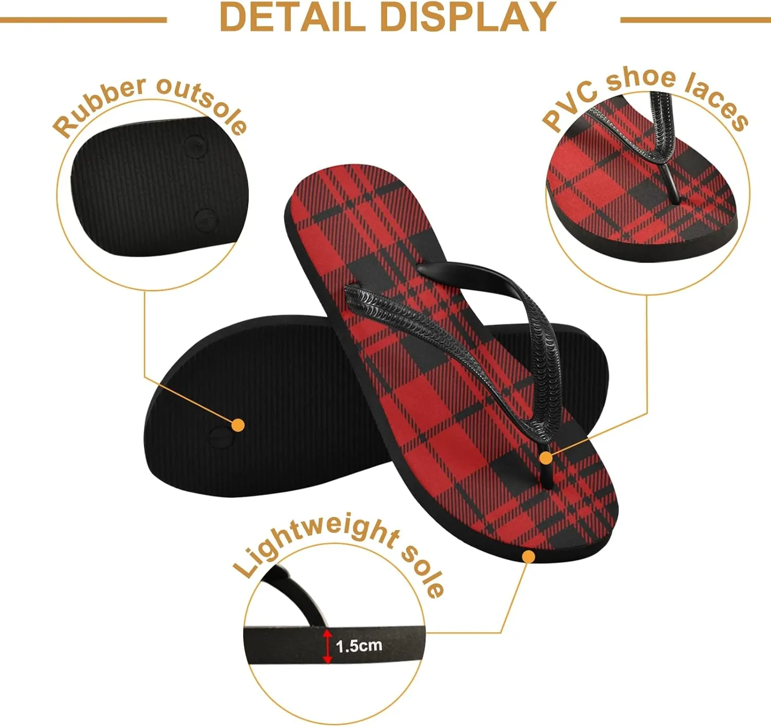 Black and Red Tartan Plaid Womens Flip Flops Buffalo Plaids Summer Beach Sandals Casual Thong Slippers Comfortable Shower Slippers Non Slip Water Sandals shoes XL