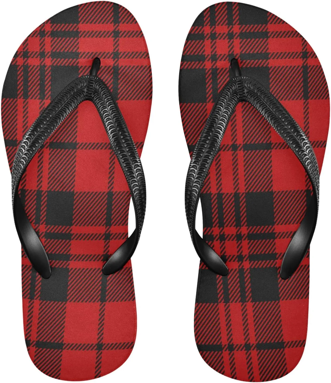 Black and Red Tartan Plaid Womens Flip Flops Buffalo Plaids Summer Beach Sandals Casual Thong Slippers Comfortable Shower Slippers Non Slip Water Sandals shoes XL
