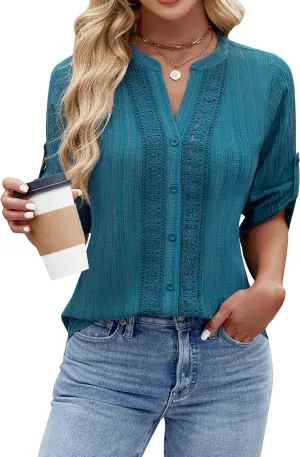 Blooming Jelly Womens Button Down Shirts Lace Crochet Dressy Casual Tops 3/4 Sleeve Work Summer Outfits 2025