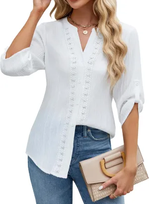 Blooming Jelly Womens Button Down Shirts Lace Crochet Dressy Casual Tops 3/4 Sleeve Work Summer Outfits 2025