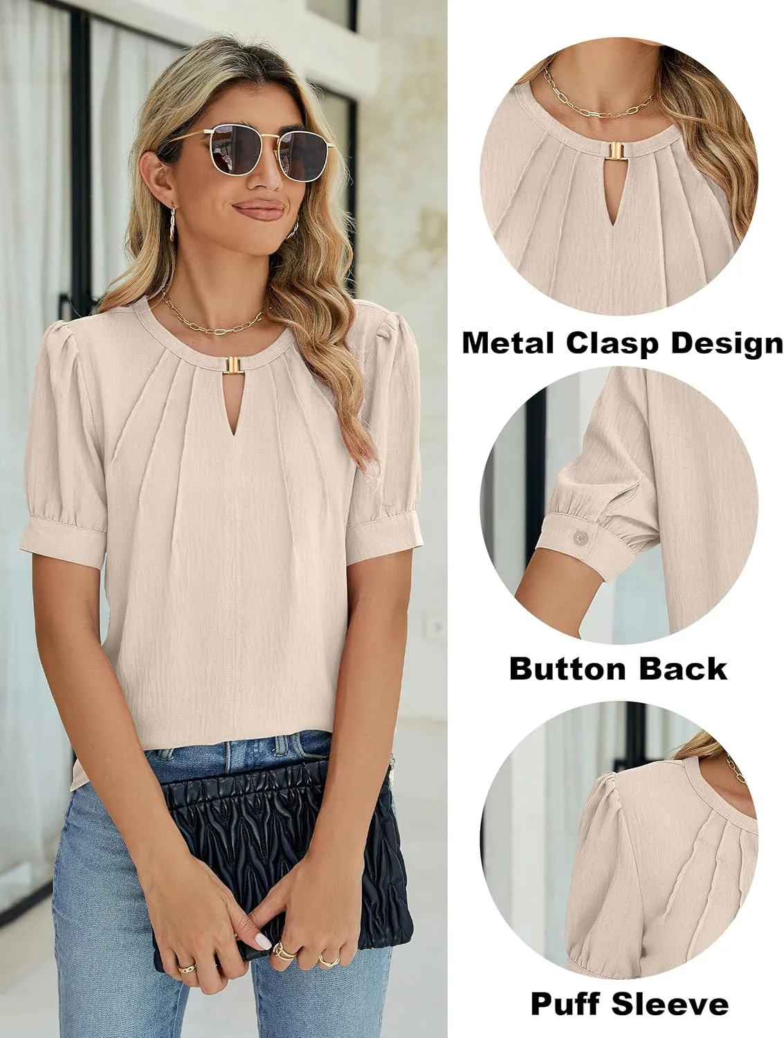 Blooming Jelly Womens Dressy Casual Tops Keyhole Business Work Blouses Pleated Puff Sleeve Summer Shirts