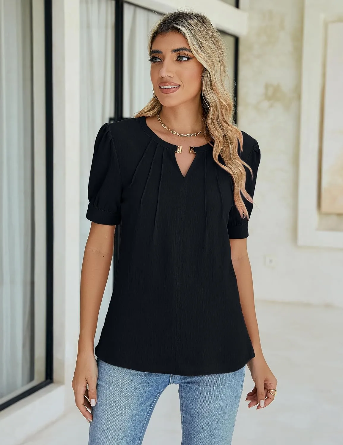 Blooming Jelly Womens Dressy Casual Tops Keyhole Business Work Blouses Pleated Puff Sleeve Summer Shirts