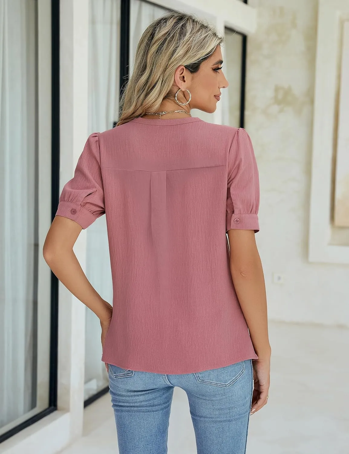 Blooming Jelly Womens Dressy Casual Tops Keyhole Business Work Blouses Pleated Puff Sleeve Summer Shirts