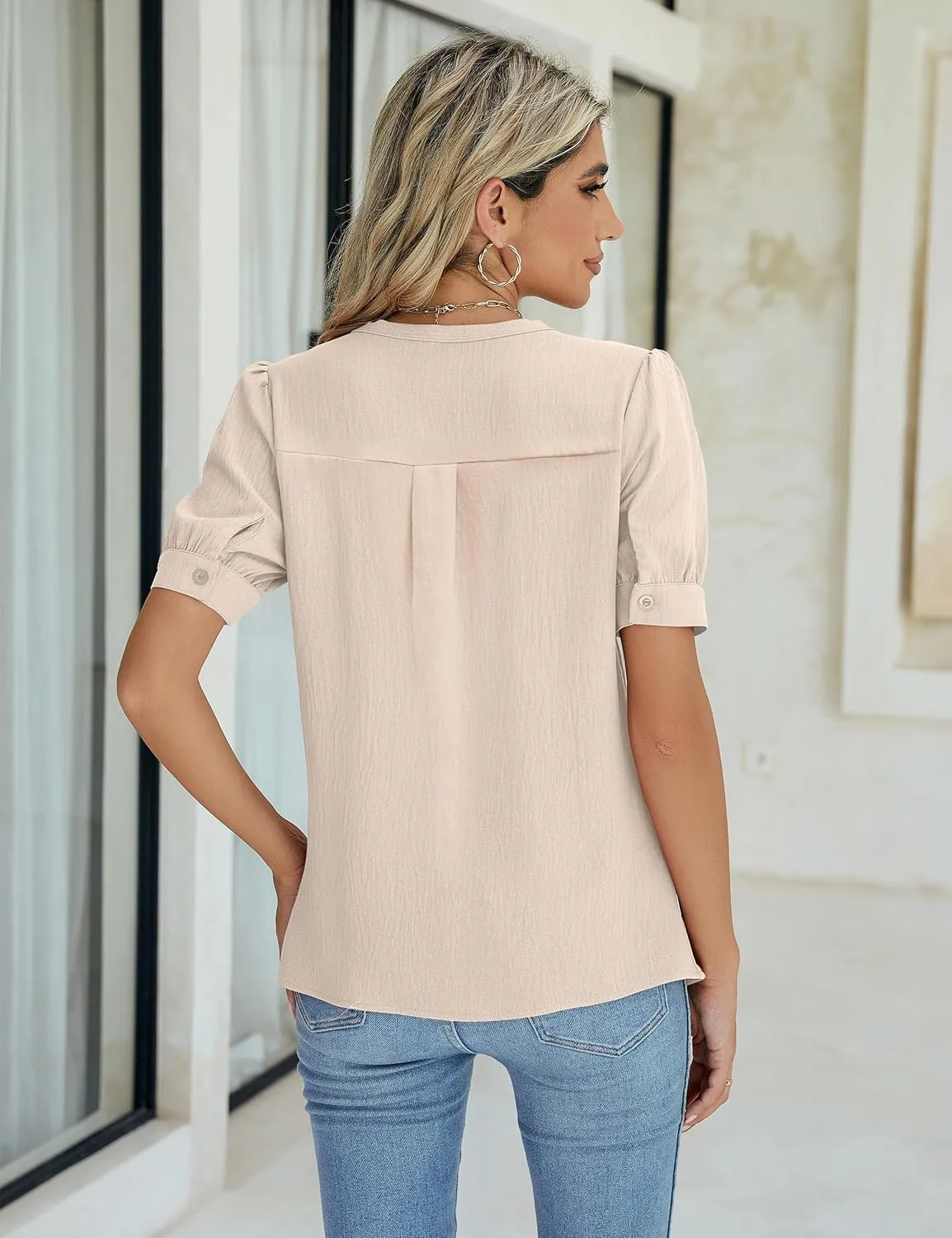 Blooming Jelly Womens Dressy Casual Tops Keyhole Business Work Blouses Pleated Puff Sleeve Summer Shirts