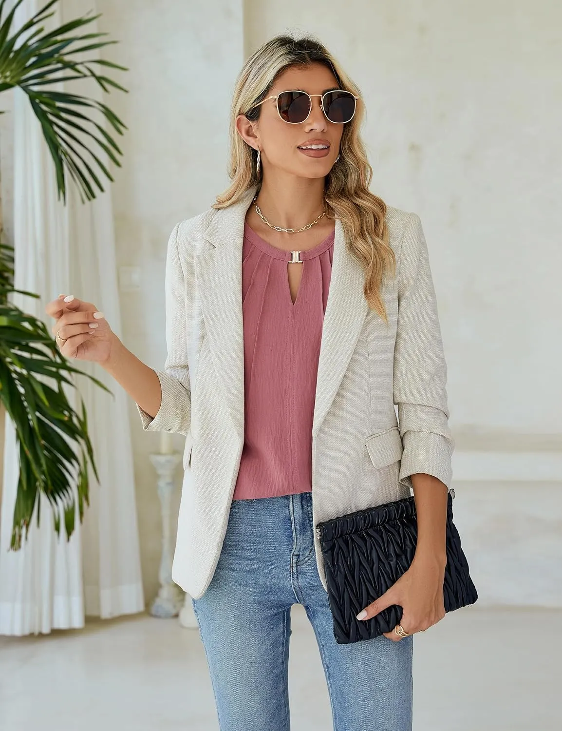 Blooming Jelly Womens Dressy Casual Tops Keyhole Business Work Blouses Pleated Puff Sleeve Summer Shirts