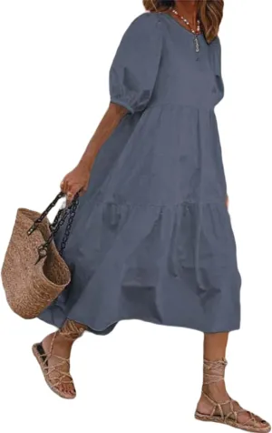Boho Maxi Dress for Womens Crewneck Puff Short Sleeve Smocked Dress Casual Beach Oversized Tiered Swing Maxi Sundress