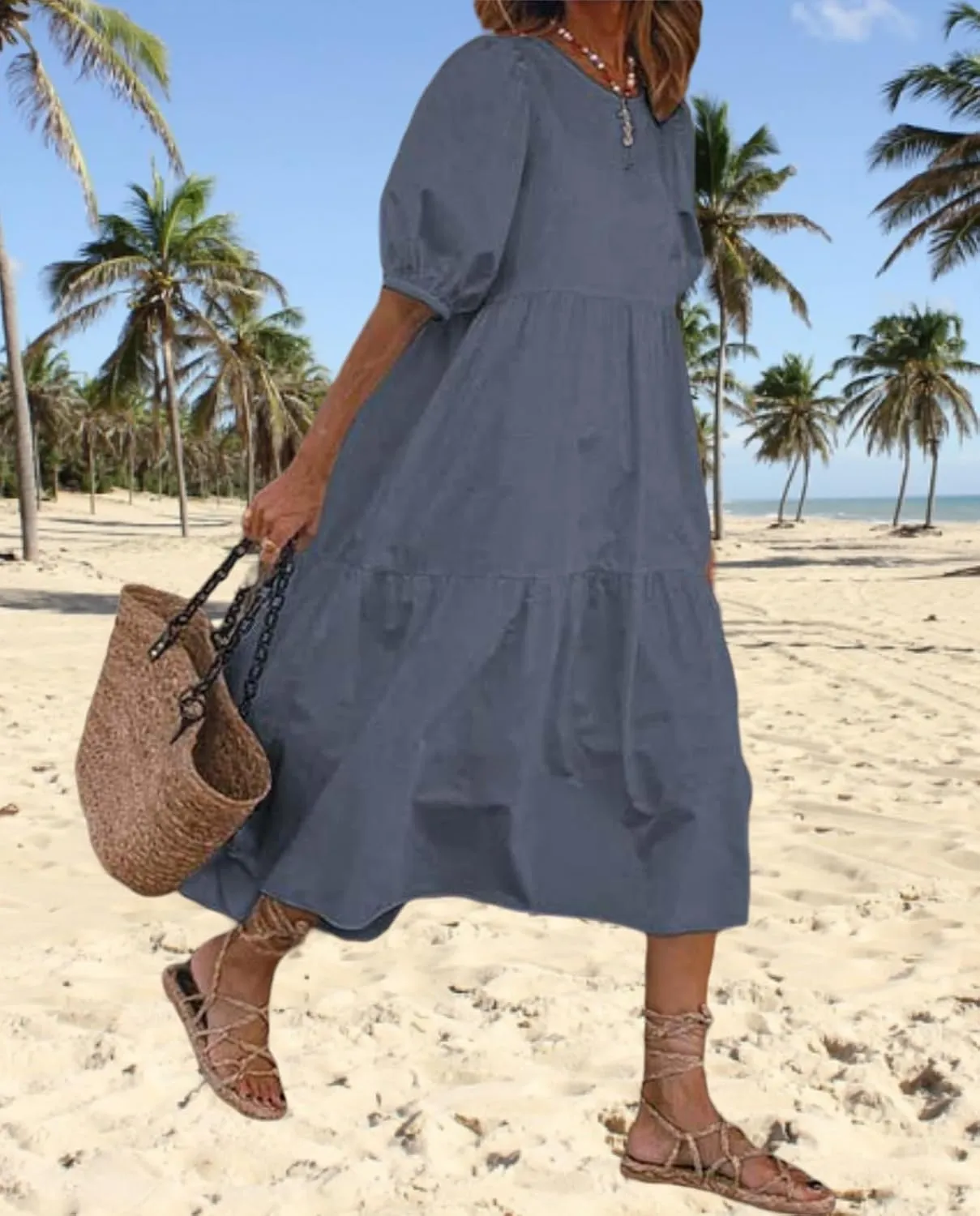 Boho Maxi Dress for Womens Crewneck Puff Short Sleeve Smocked Dress Casual Beach Oversized Tiered Swing Maxi Sundress