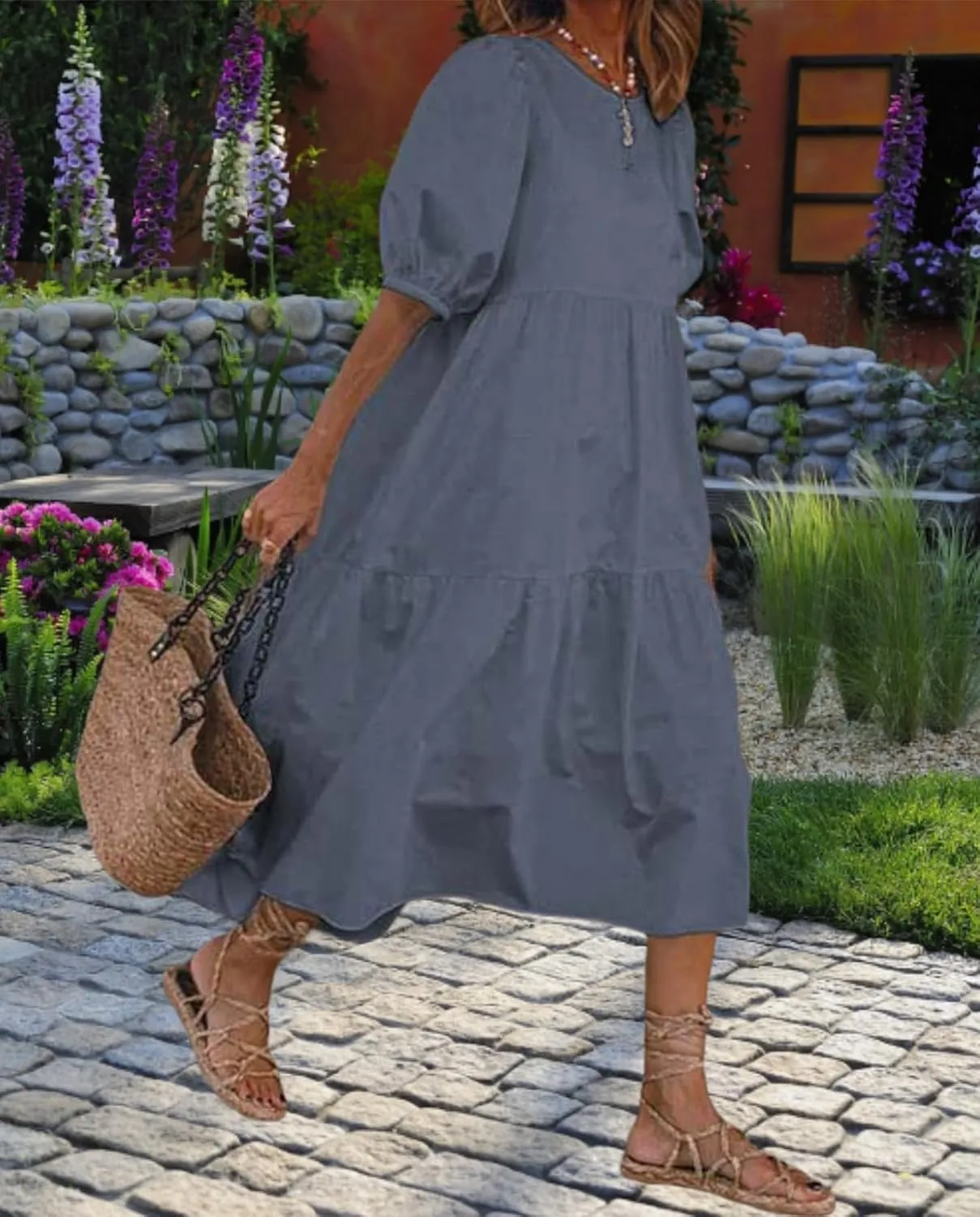 Boho Maxi Dress for Womens Crewneck Puff Short Sleeve Smocked Dress Casual Beach Oversized Tiered Swing Maxi Sundress