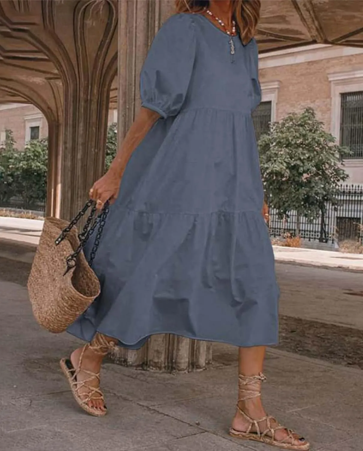 Boho Maxi Dress for Womens Crewneck Puff Short Sleeve Smocked Dress Casual Beach Oversized Tiered Swing Maxi Sundress