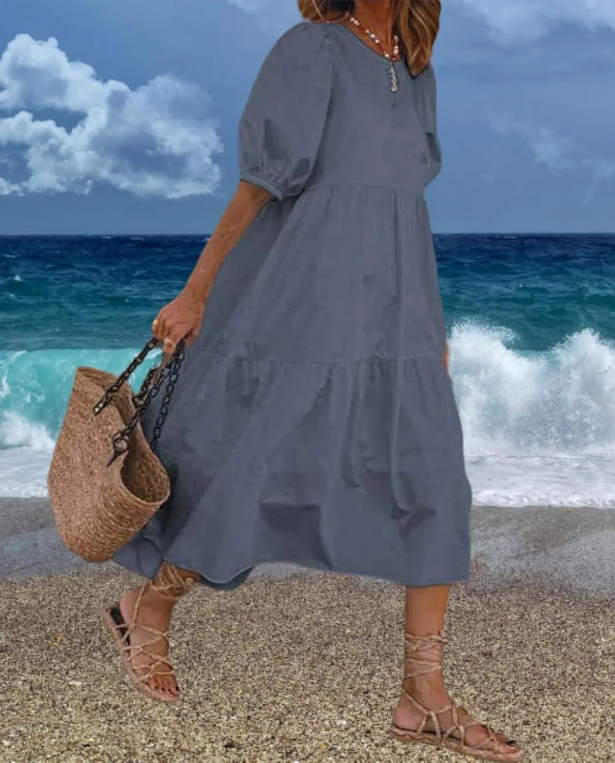 Boho Maxi Dress for Womens Crewneck Puff Short Sleeve Smocked Dress Casual Beach Oversized Tiered Swing Maxi Sundress