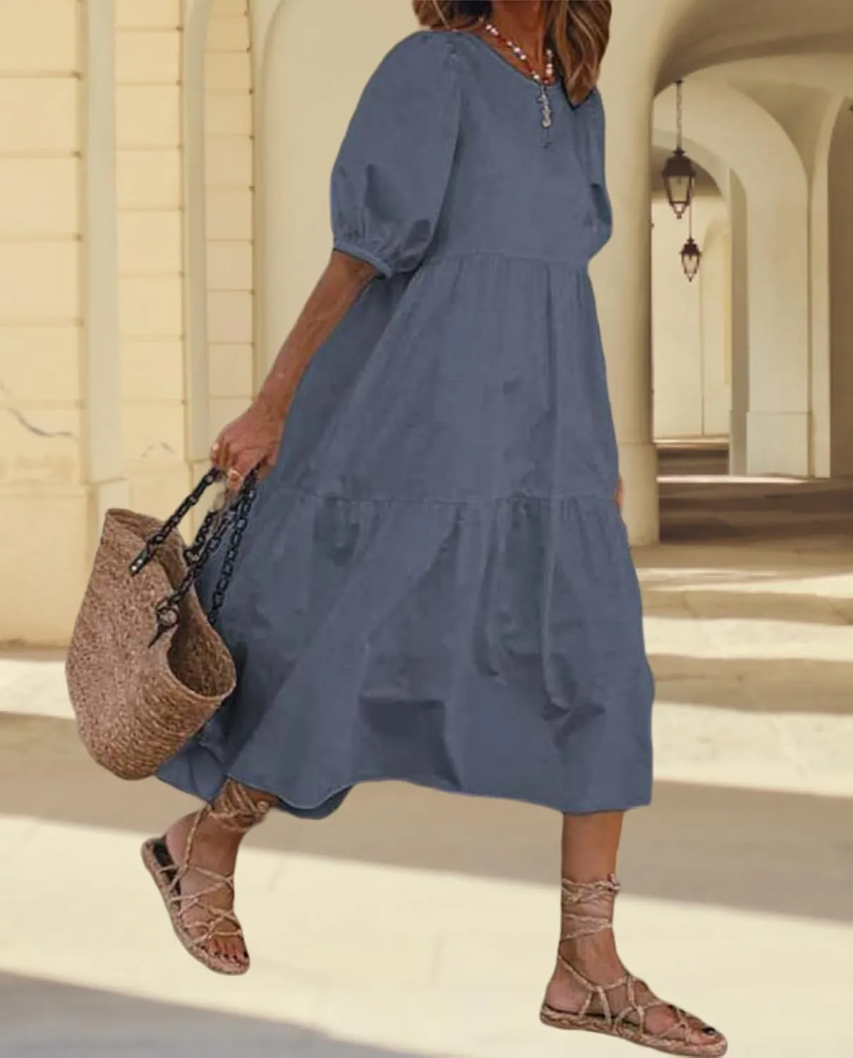 Boho Maxi Dress for Womens Crewneck Puff Short Sleeve Smocked Dress Casual Beach Oversized Tiered Swing Maxi Sundress