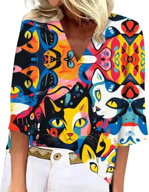 Boho Tunic T Shirts 3/4 Sleeve Womens Tops Vintage Floral Tshirts V Neck Japanese Summer Blouses Tees Plus Size