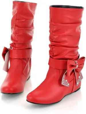 Bow Leather Mid Calf Boots For Women Elegant Low Heels Rhinestone Pointed Toe Slip On Hidden Wedge Knee High Boots Comfort Flat Heel Party Dress Booties