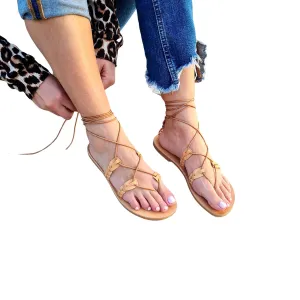 Braided tie up sandals, Lace Up Leather Sandals for Women, Barefoot Sandals, Gladiator Sandals, Summer Shoes, Bridesmaid Gift, Handmade flats, Beach shoes (12, Beige)
