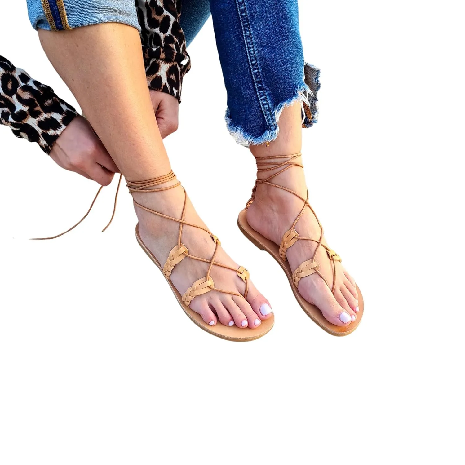 Braided tie up sandals, Lace Up Leather Sandals for Women, Barefoot Sandals, Gladiator Sandals, Summer Shoes, Bridesmaid Gift, Handmade flats, Beach shoes (12, Beige)
