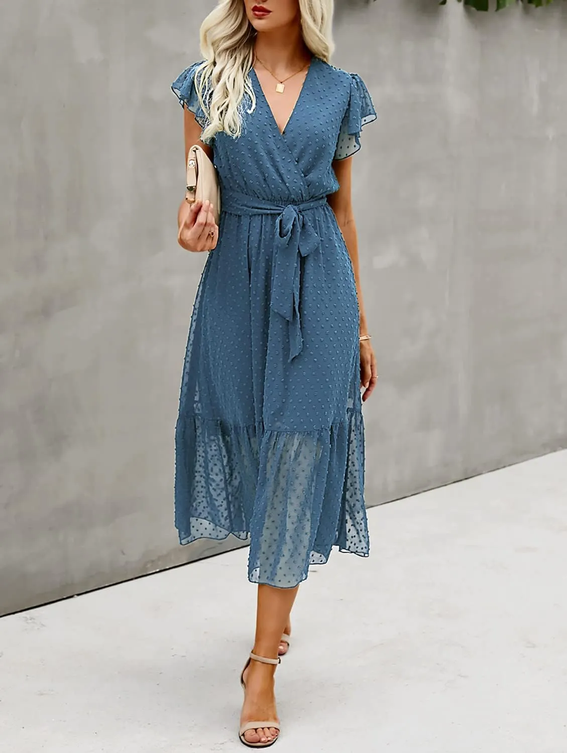 BTFBM Women Summer Bohemian Floral Casual Wrap V Neck Ruffle Cap Sleeveless Belt A-Line Pleated Hem Midi Sun Dress White