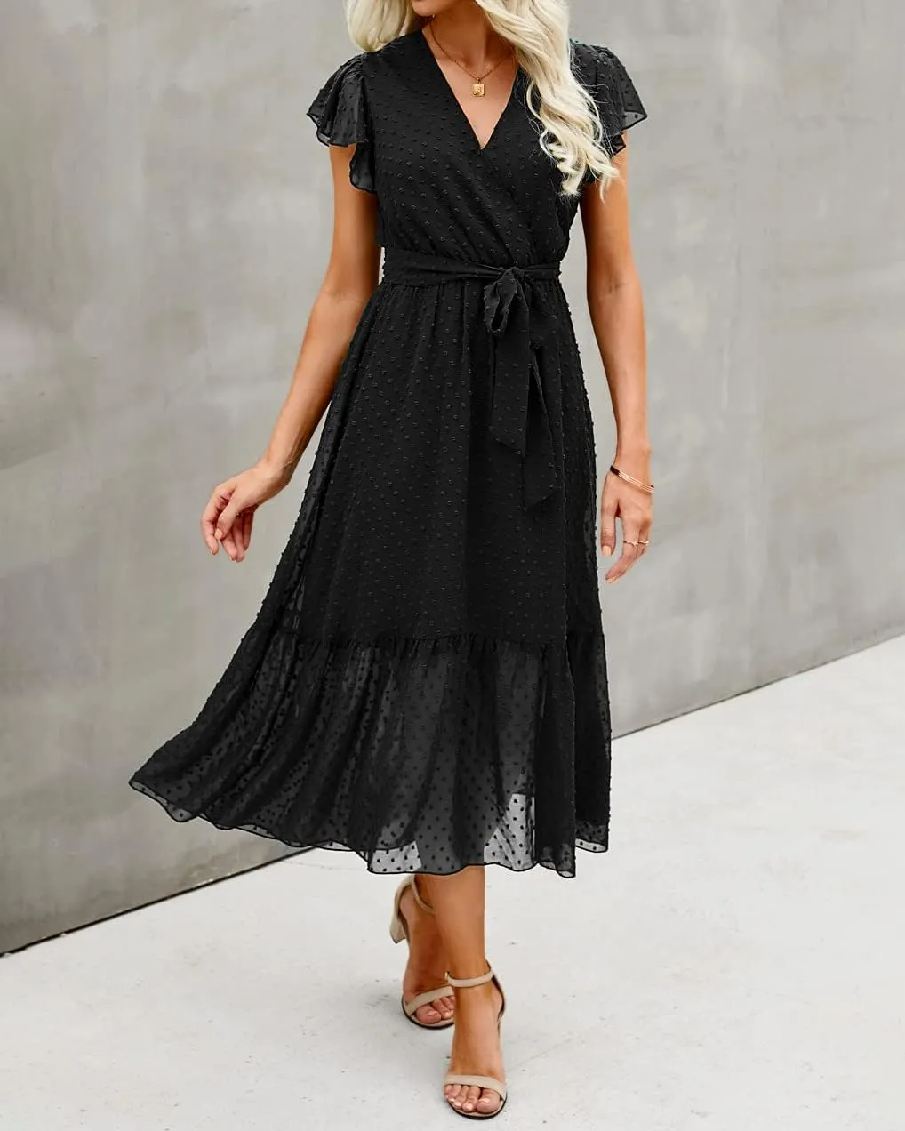 BTFBM Women Summer Bohemian Floral Casual Wrap V Neck Ruffle Cap Sleeveless Belt A-Line Pleated Hem Midi Sun Dress White