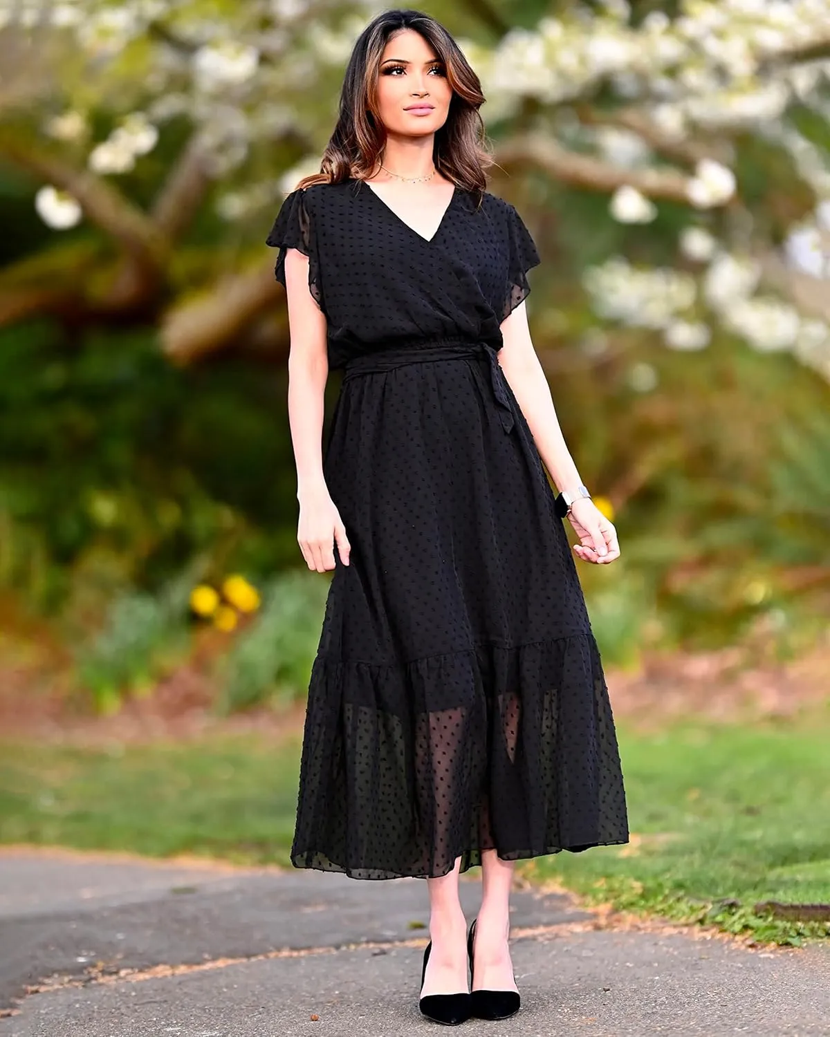 BTFBM Women Summer Bohemian Floral Casual Wrap V Neck Ruffle Cap Sleeveless Belt A-Line Pleated Hem Midi Sun Dress White