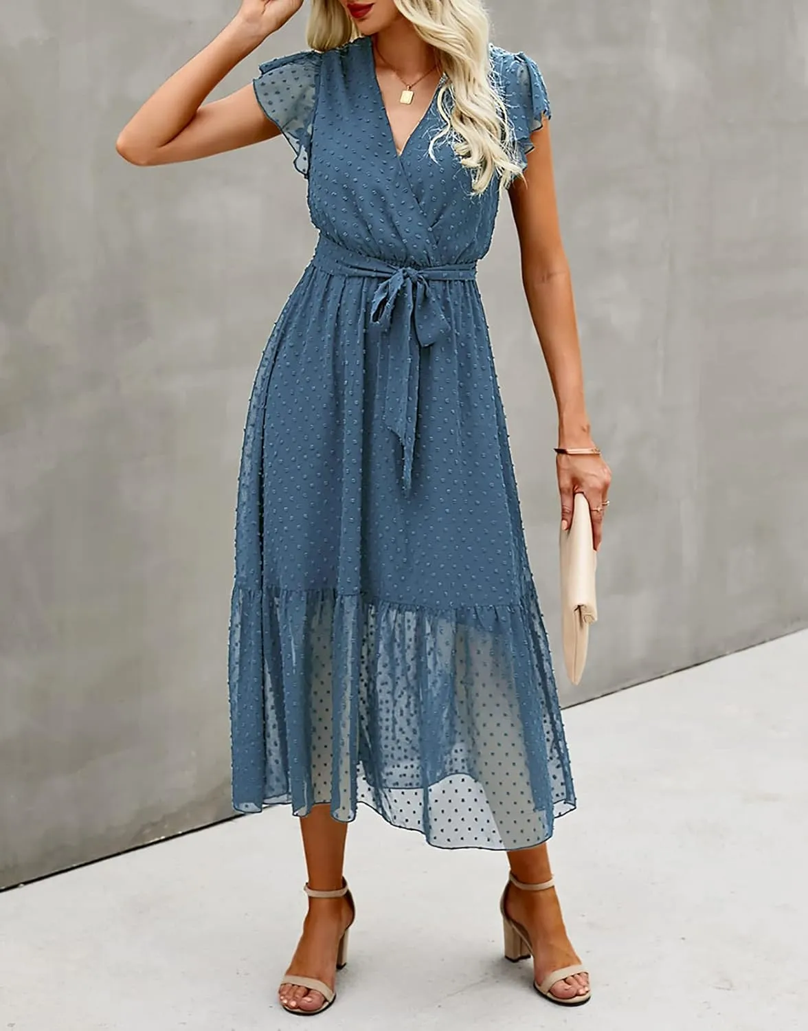 BTFBM Women Summer Bohemian Floral Casual Wrap V Neck Ruffle Cap Sleeveless Belt A-Line Pleated Hem Midi Sun Dress White