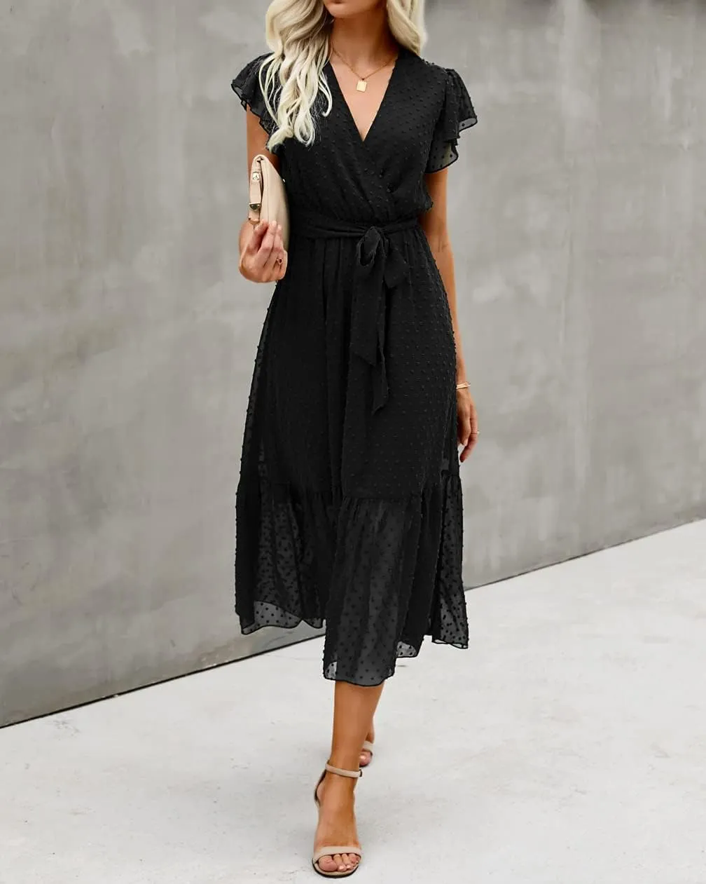 BTFBM Women Summer Bohemian Floral Casual Wrap V Neck Ruffle Cap Sleeveless Belt A-Line Pleated Hem Midi Sun Dress White
