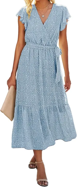 BTFBM Women Summer Bohemian Floral Casual Wrap V Neck Ruffle Cap Sleeveless Belt A-Line Pleated Hem Midi Sun Dress White