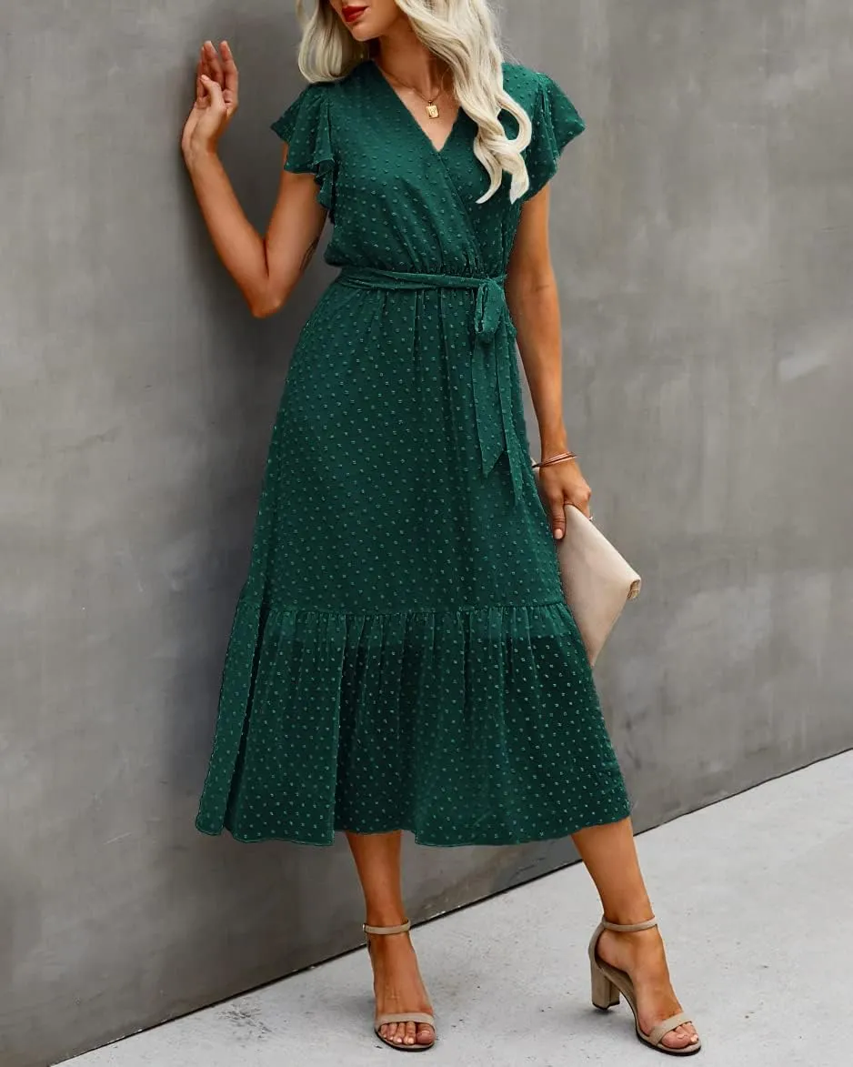 BTFBM Women Summer Bohemian Floral Casual Wrap V Neck Ruffle Cap Sleeveless Belt A-Line Pleated Hem Midi Sun Dress White