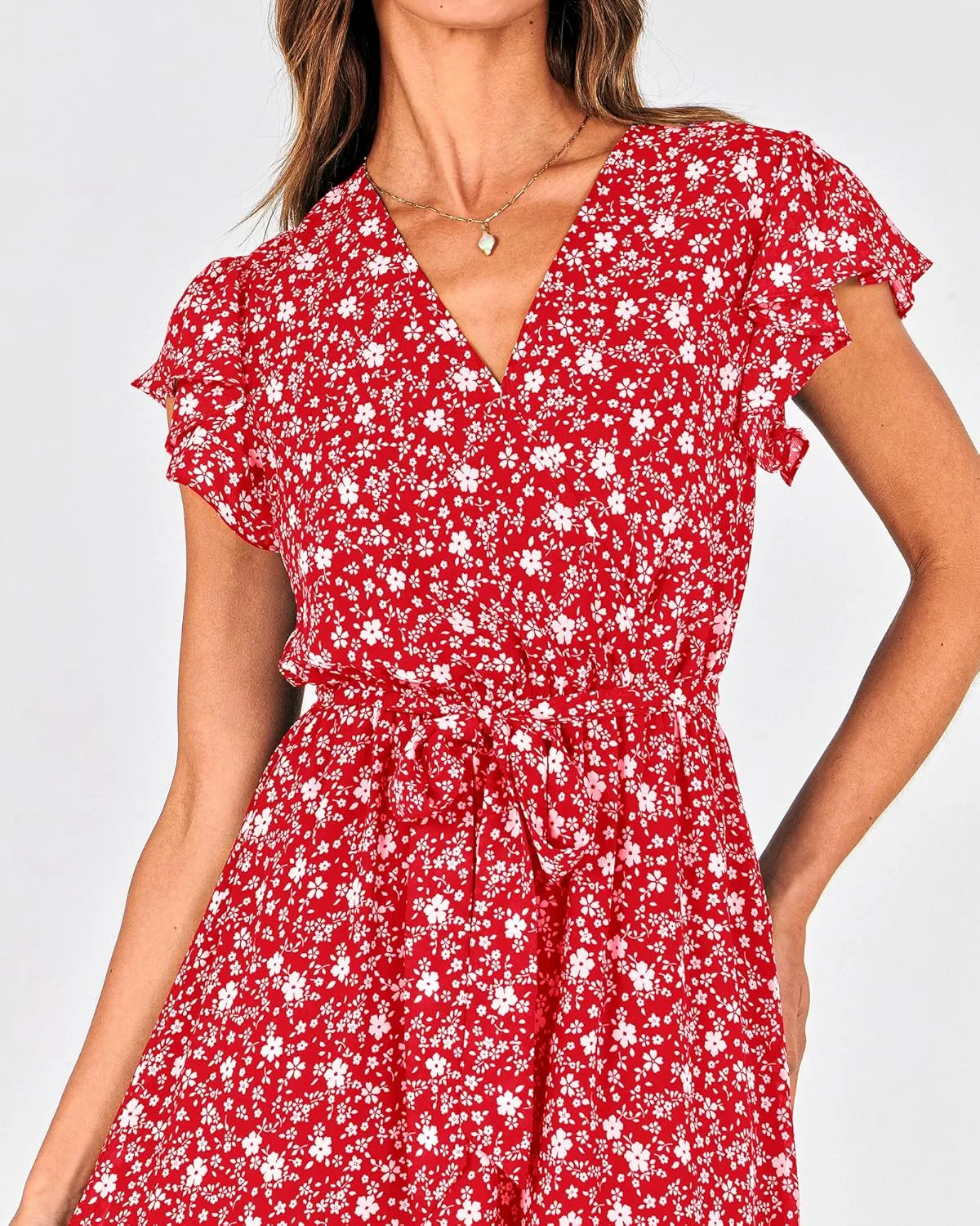 BTFBM Women Summer Bohemian Floral Casual Wrap V Neck Ruffle Cap Sleeveless Belt A-Line Pleated Hem Midi Sun Dress White