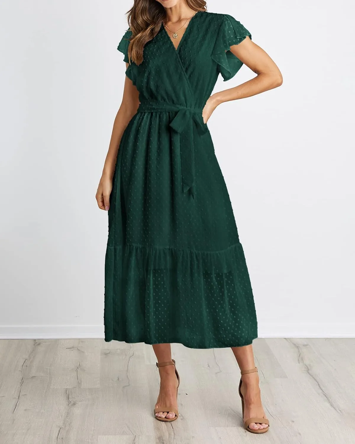 BTFBM Women Summer Bohemian Floral Casual Wrap V Neck Ruffle Cap Sleeveless Belt A-Line Pleated Hem Midi Sun Dress White