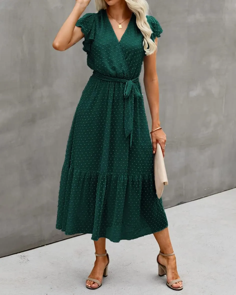 BTFBM Women Summer Bohemian Floral Casual Wrap V Neck Ruffle Cap Sleeveless Belt A-Line Pleated Hem Midi Sun Dress White