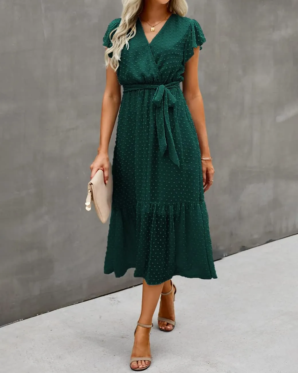 BTFBM Women Summer Bohemian Floral Casual Wrap V Neck Ruffle Cap Sleeveless Belt A-Line Pleated Hem Midi Sun Dress White
