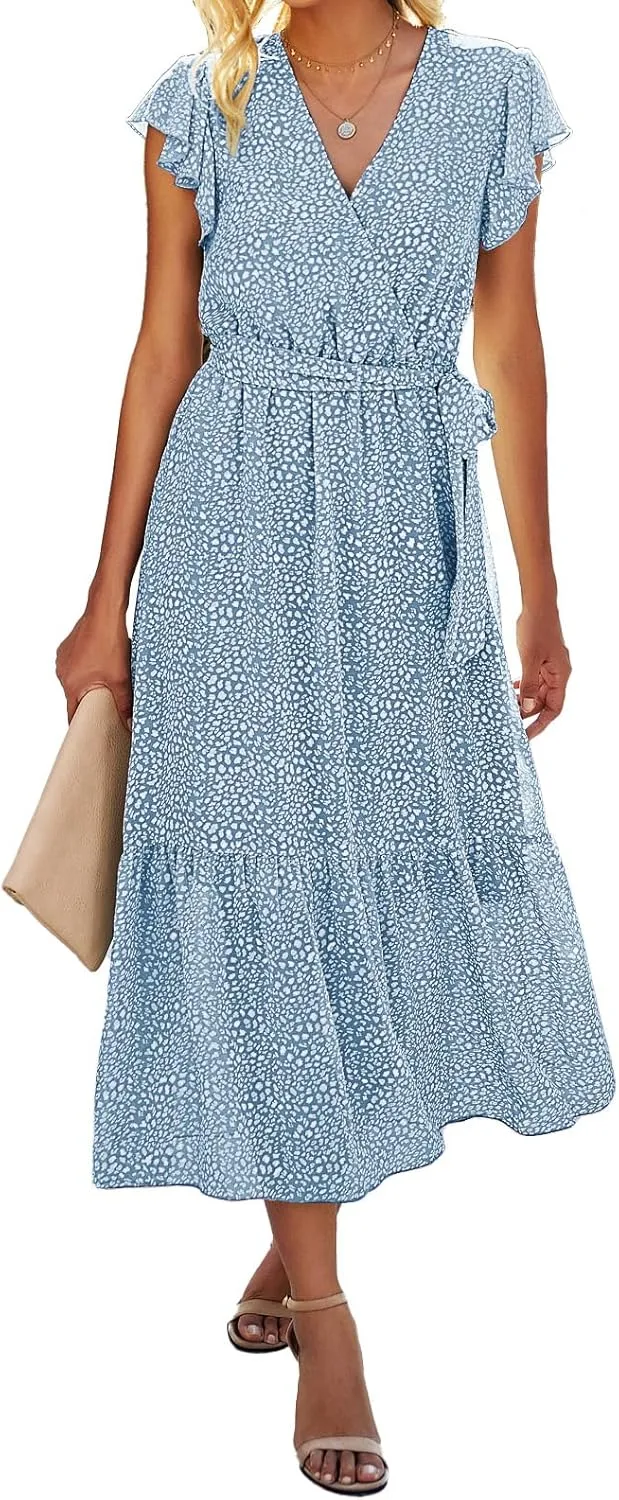 BTFBM Women Summer Bohemian Floral Casual Wrap V Neck Ruffle Cap Sleeveless Belt A-Line Pleated Hem Midi Sun Dress White