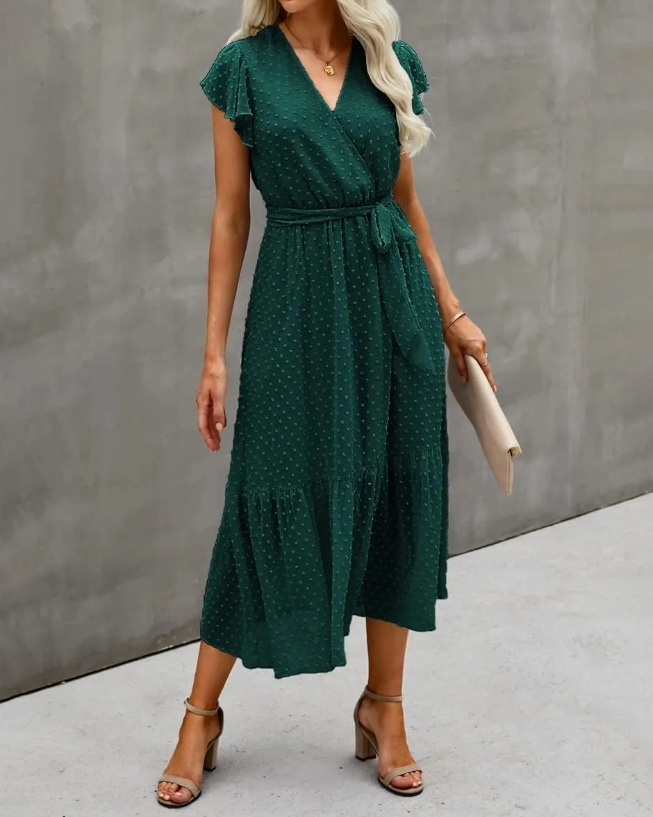 BTFBM Women Summer Bohemian Floral Casual Wrap V Neck Ruffle Cap Sleeveless Belt A-Line Pleated Hem Midi Sun Dress White