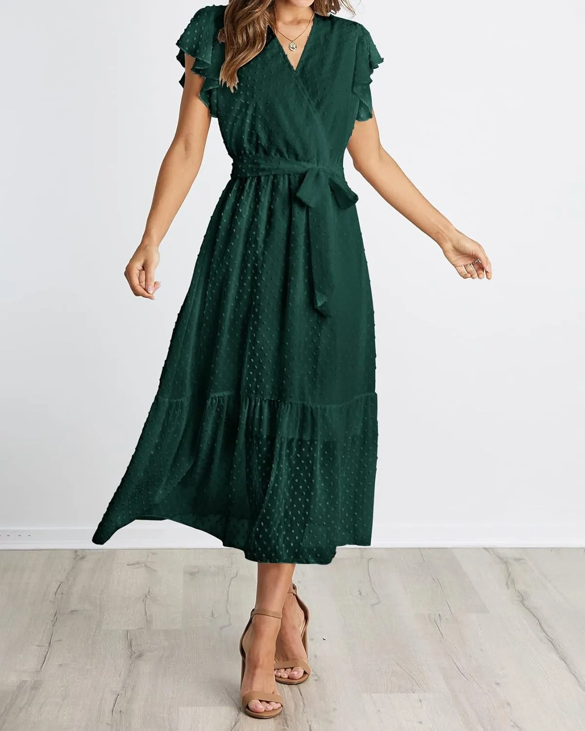 BTFBM Women Summer Bohemian Floral Casual Wrap V Neck Ruffle Cap Sleeveless Belt A-Line Pleated Hem Midi Sun Dress White