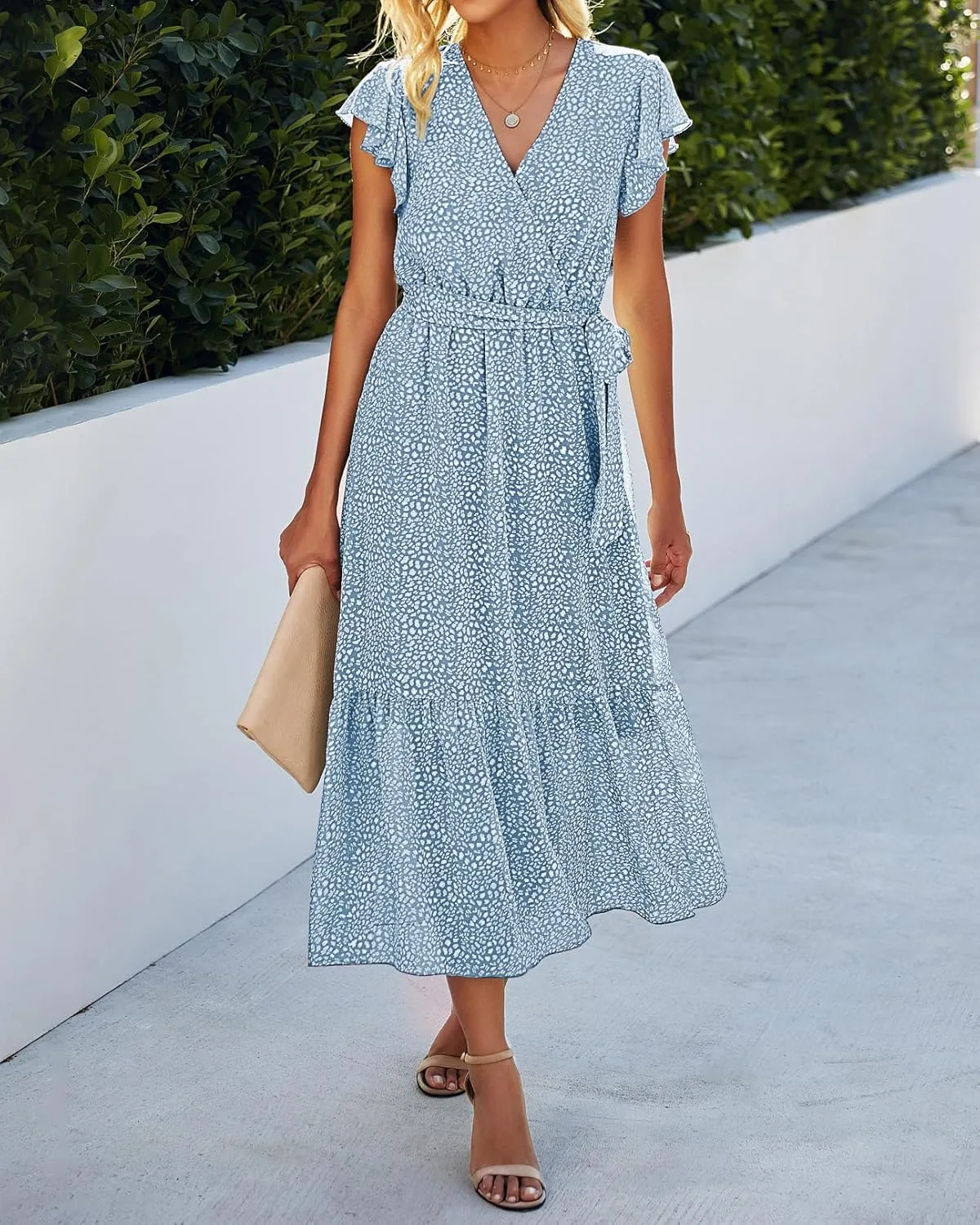BTFBM Women Summer Bohemian Floral Casual Wrap V Neck Ruffle Cap Sleeveless Belt A-Line Pleated Hem Midi Sun Dress White