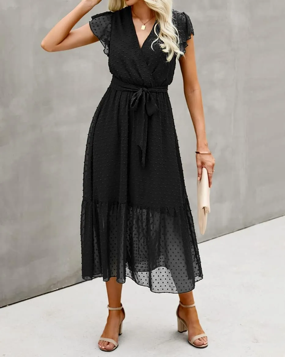 BTFBM Women Summer Bohemian Floral Casual Wrap V Neck Ruffle Cap Sleeveless Belt A-Line Pleated Hem Midi Sun Dress White