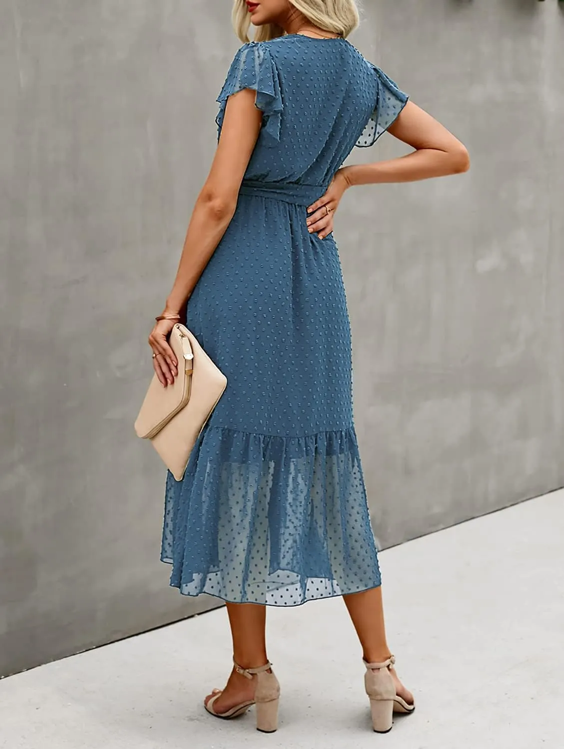 BTFBM Women Summer Bohemian Floral Casual Wrap V Neck Ruffle Cap Sleeveless Belt A-Line Pleated Hem Midi Sun Dress White