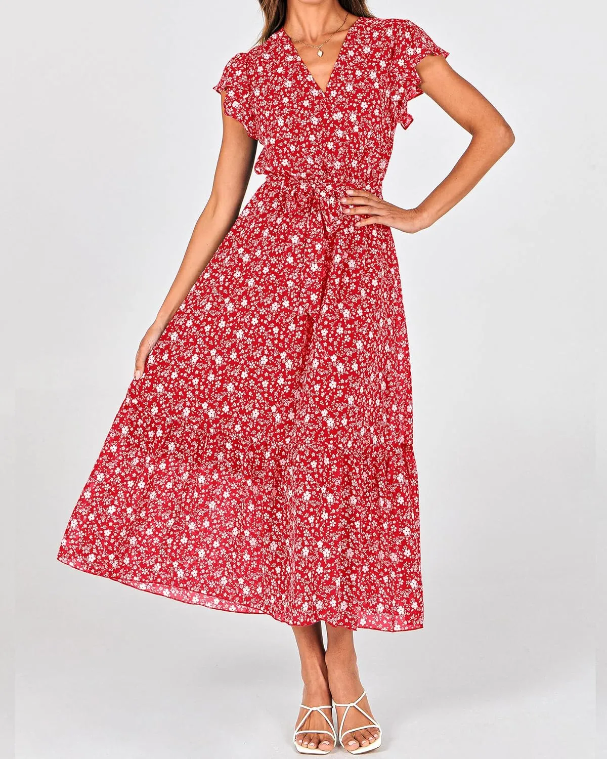 BTFBM Women Summer Bohemian Floral Casual Wrap V Neck Ruffle Cap Sleeveless Belt A-Line Pleated Hem Midi Sun Dress White