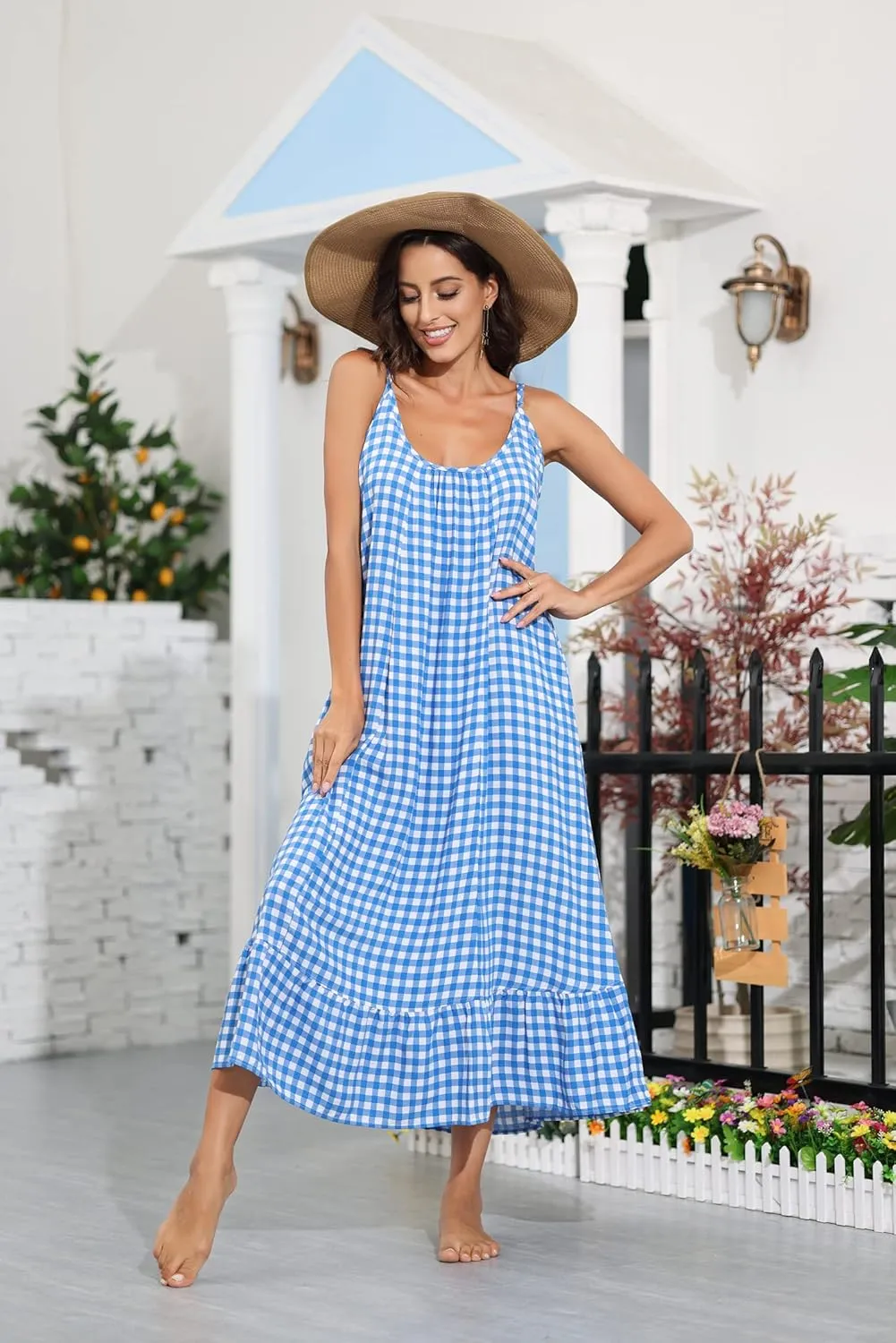 BUENOS NINOS Women's V Neck Floral Maxi Dress Boho Printed Adjustable Spaghetti Strap Ethnic Beach Long Dress with Pockets