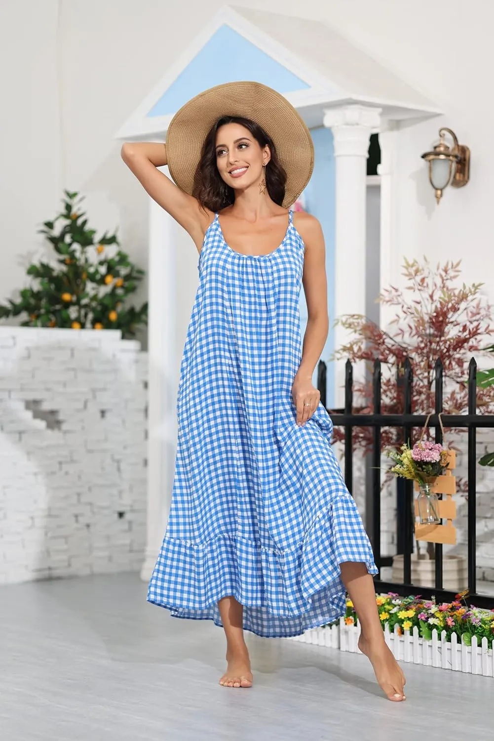 BUENOS NINOS Women's V Neck Floral Maxi Dress Boho Printed Adjustable Spaghetti Strap Ethnic Beach Long Dress with Pockets