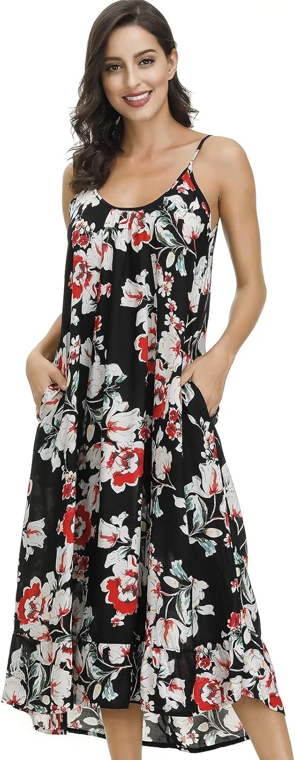 BUENOS NINOS Women's V Neck Floral Maxi Dress Boho Printed Adjustable Spaghetti Strap Ethnic Beach Long Dress with Pockets