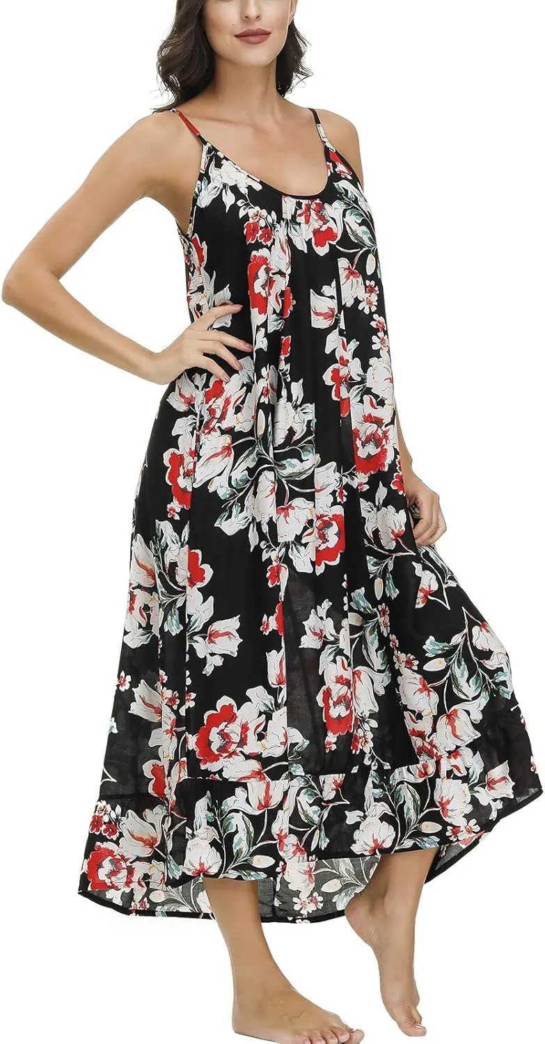 BUENOS NINOS Women's V Neck Floral Maxi Dress Boho Printed Adjustable Spaghetti Strap Ethnic Beach Long Dress with Pockets