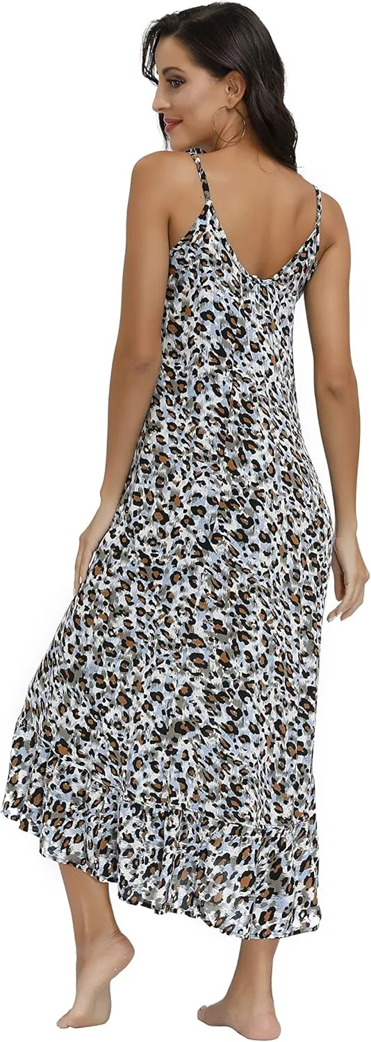 BUENOS NINOS Women's V Neck Floral Maxi Dress Boho Printed Adjustable Spaghetti Strap Ethnic Beach Long Dress with Pockets
