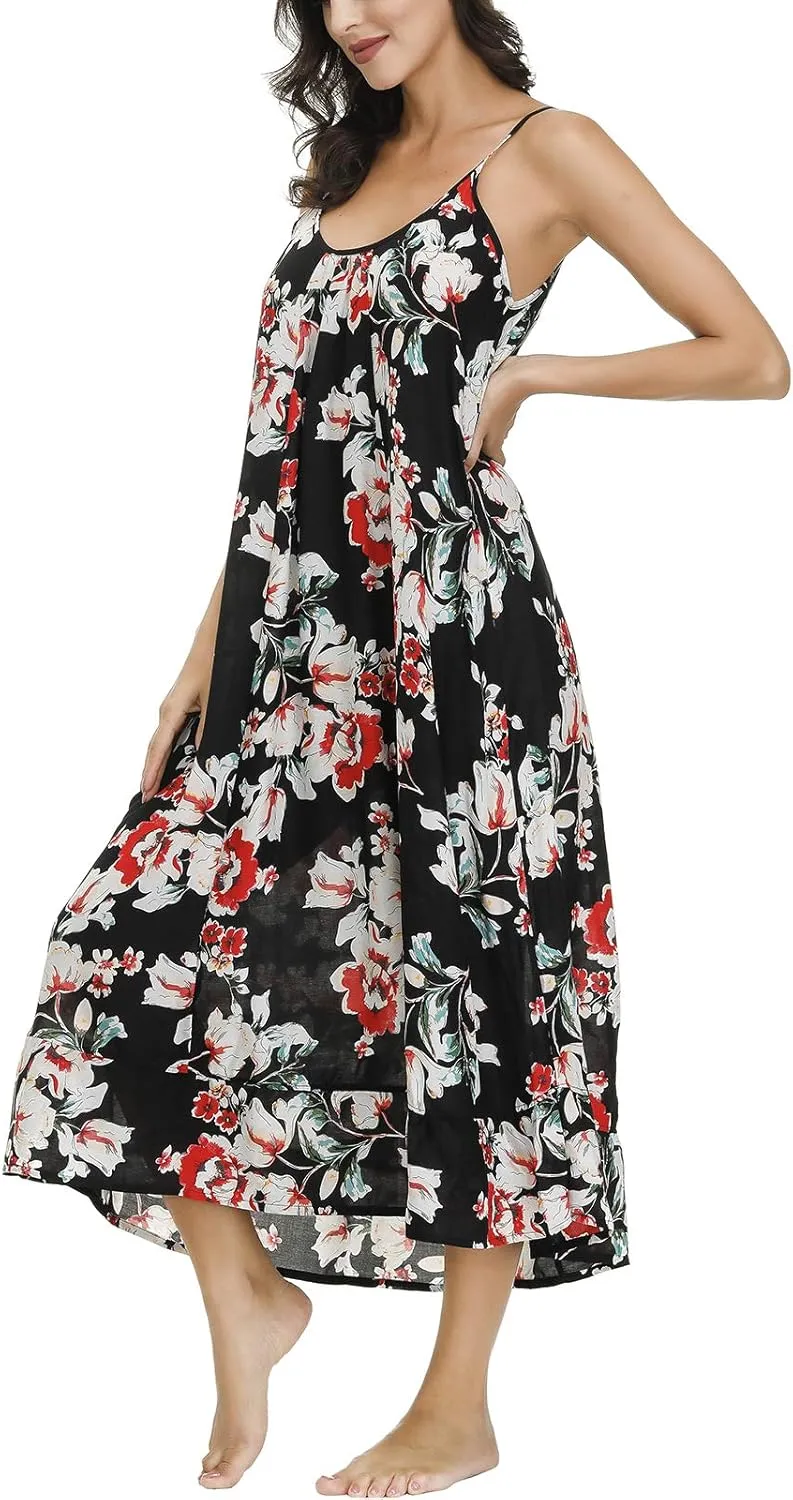 BUENOS NINOS Women's V Neck Floral Maxi Dress Boho Printed Adjustable Spaghetti Strap Ethnic Beach Long Dress with Pockets
