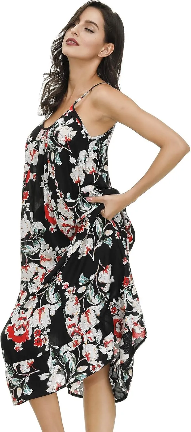 BUENOS NINOS Women's V Neck Floral Maxi Dress Boho Printed Adjustable Spaghetti Strap Ethnic Beach Long Dress with Pockets