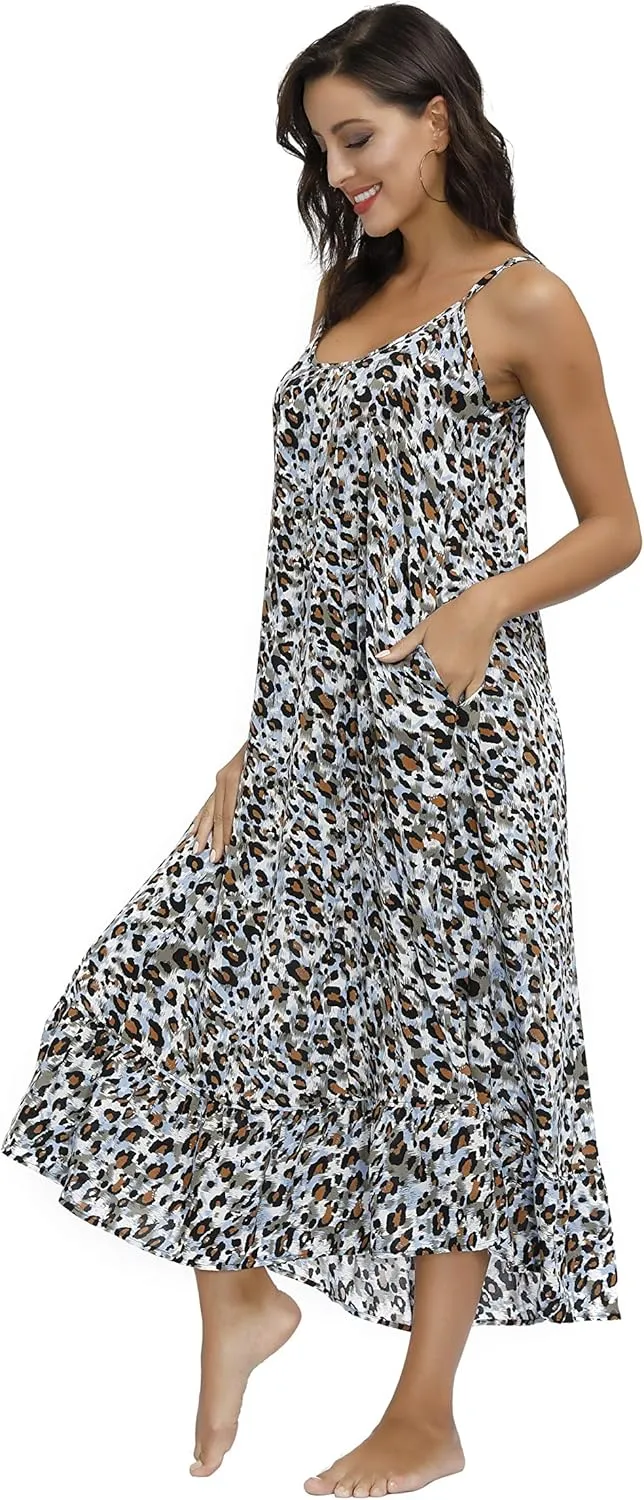BUENOS NINOS Women's V Neck Floral Maxi Dress Boho Printed Adjustable Spaghetti Strap Ethnic Beach Long Dress with Pockets