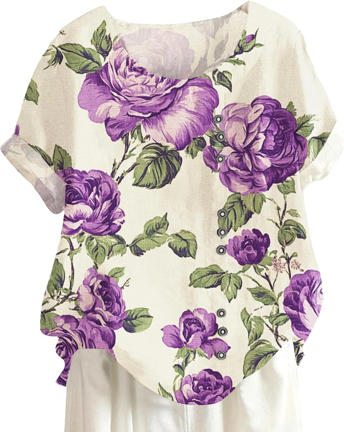 Button Decor Fruit Print Graphic T-Shirt Womens Summer Fashion Trend Bohe Crew Neck Short Sleeve Casual Blouses