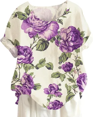 Button Decor Fruit Print Graphic T-Shirt Womens Summer Fashion Trend Bohe Crew Neck Short Sleeve Casual Blouses