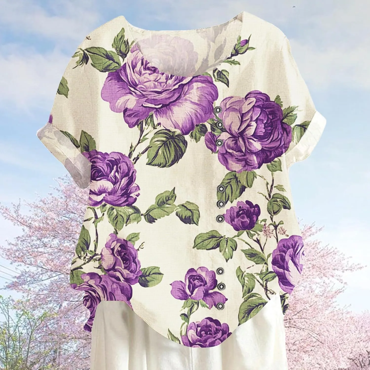 Button Decor Fruit Print Graphic T-Shirt Womens Summer Fashion Trend Bohe Crew Neck Short Sleeve Casual Blouses